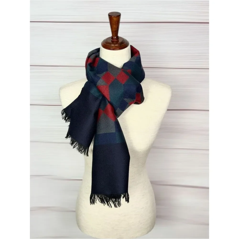 Vintage Wool Long Scarf Geometric Red Blue West Germany Men's Women's Winter